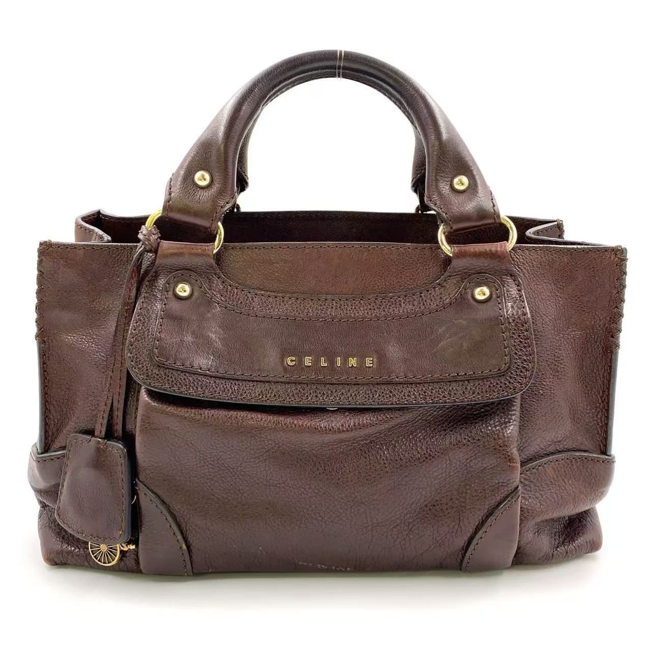 美品CÉLINE ブラウンレザー ハンドバッグ CELINE ハンドバッグ ブラウン レザー