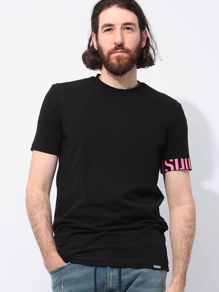 DSQUARED2 (ディースクエアード) 袖バンド ロゴプリント クルーネック 半袖 アンダーTシャツ D2D9M3S5770 ブラック×ピンク