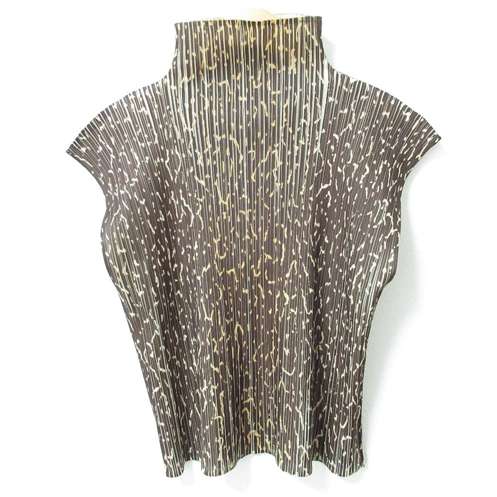 PLEATS PLEASE ISSEY MIYAKE プリーツプリーズ イッセイミヤケ 総柄 ハイネック ノースリーブブラウス PP62-JK530 F ブラウン レディース 古着