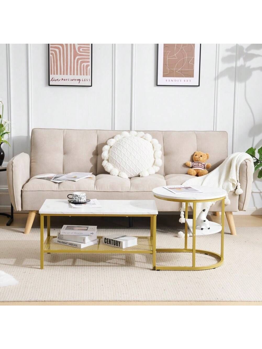北欧風ネストテーブル 2 点セット（大理石調 / ゴールド脚） ネストテーブル 2点セット センターテーブル 丸＋長方形 北欧風 大理石