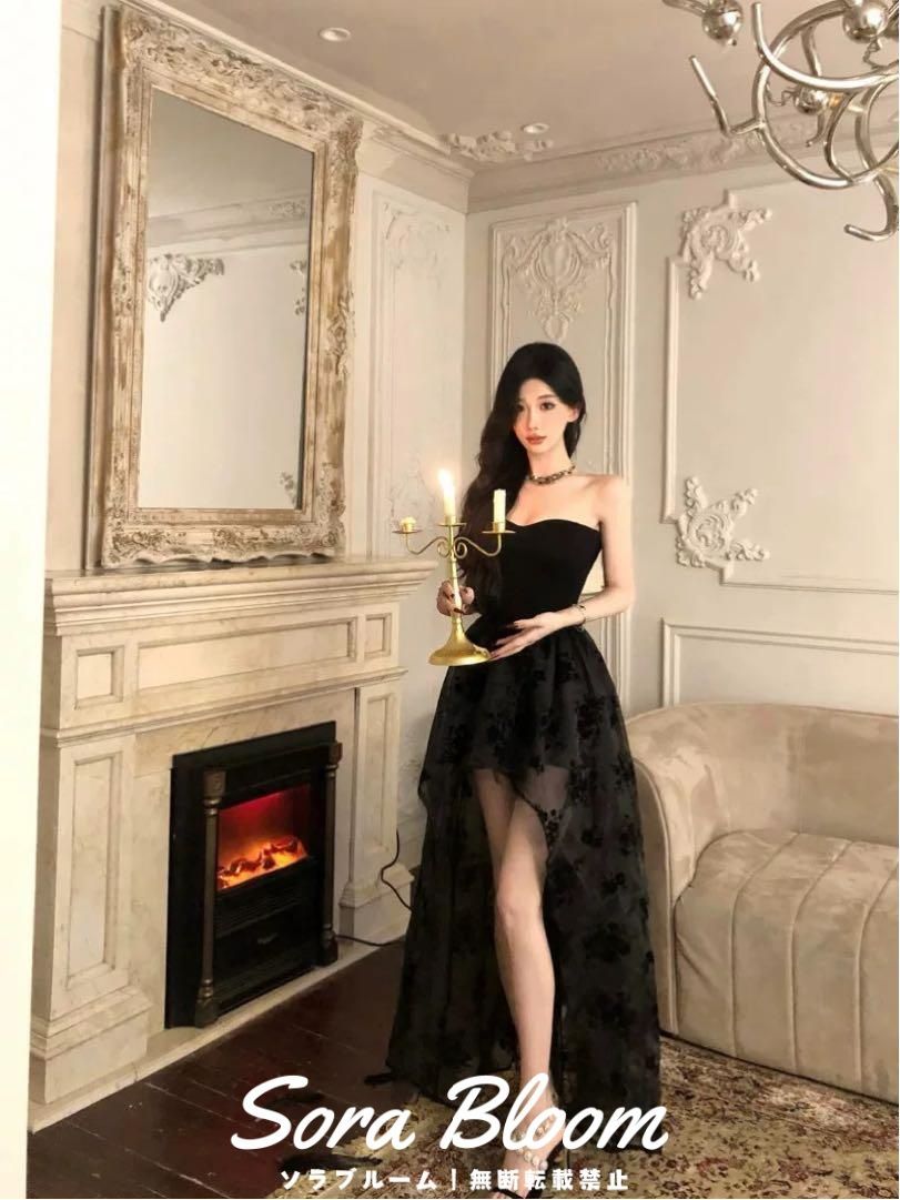 クールでセクシー ブラックロングドレス 花柄チュールパーティー用