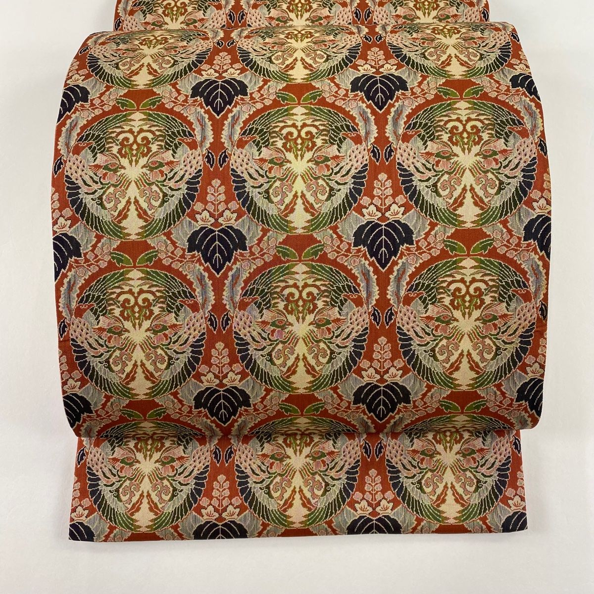 袋名古屋帯 美品 名品 龍村美術織物 落款 桐に向鳳凰丸文錦 赤茶 正絹