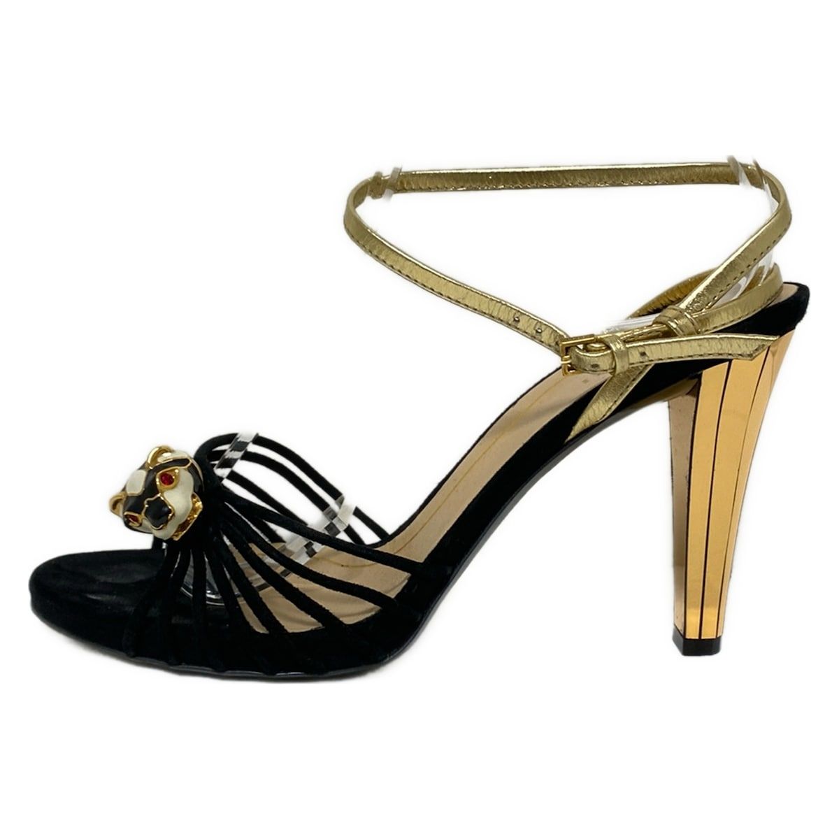 GUCCI グッチ サンダル 37 レディース - 黒×ゴールド アニマルモチーフ レザー