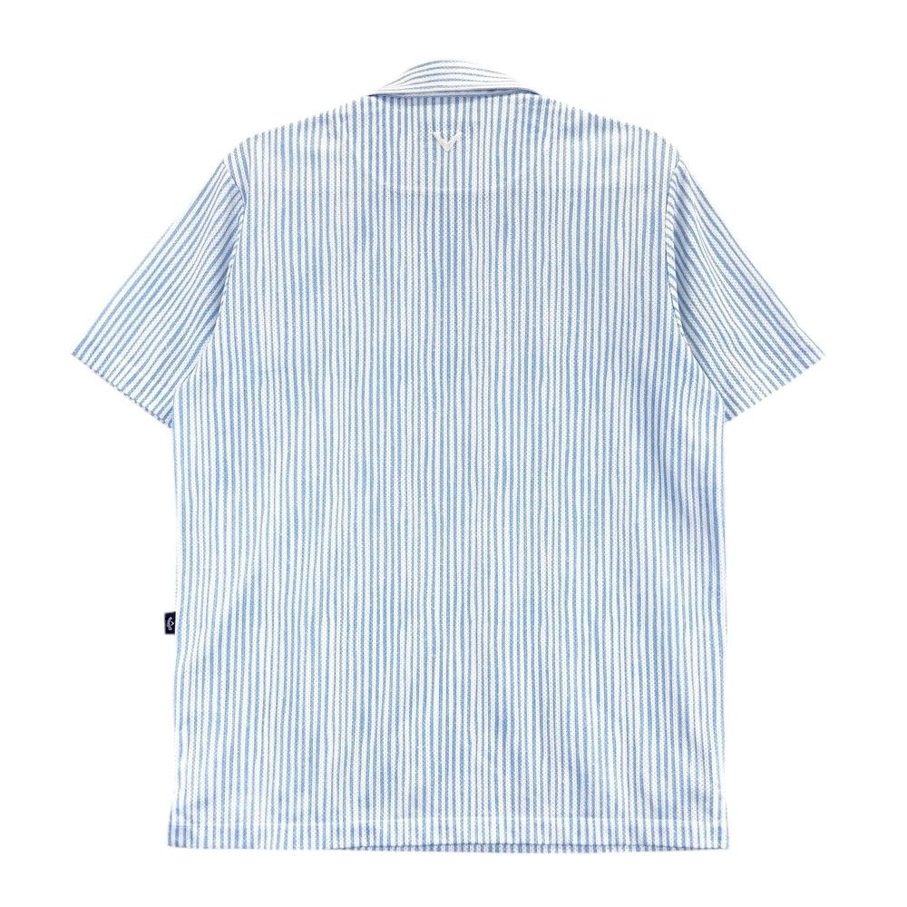 お試しください！ サイズ M CALLAWAY キャロウェイ 半袖ポロシャツ メッシュ ストライプ柄 ブルー系 240101516210 ゴルフウェア メンズ ストスト