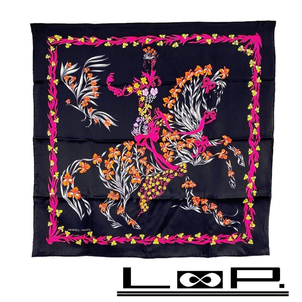 □新同□ エルメス カレ 65 スカーフ H.d' Origny 花咲く馬 花 馬