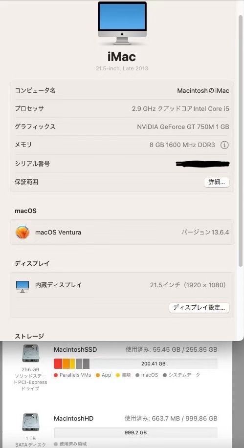 美品］Apple iMac 21.5inch 2013 /Core i5 2.9GHz/8GB/SSD256GB+HDD1TB  