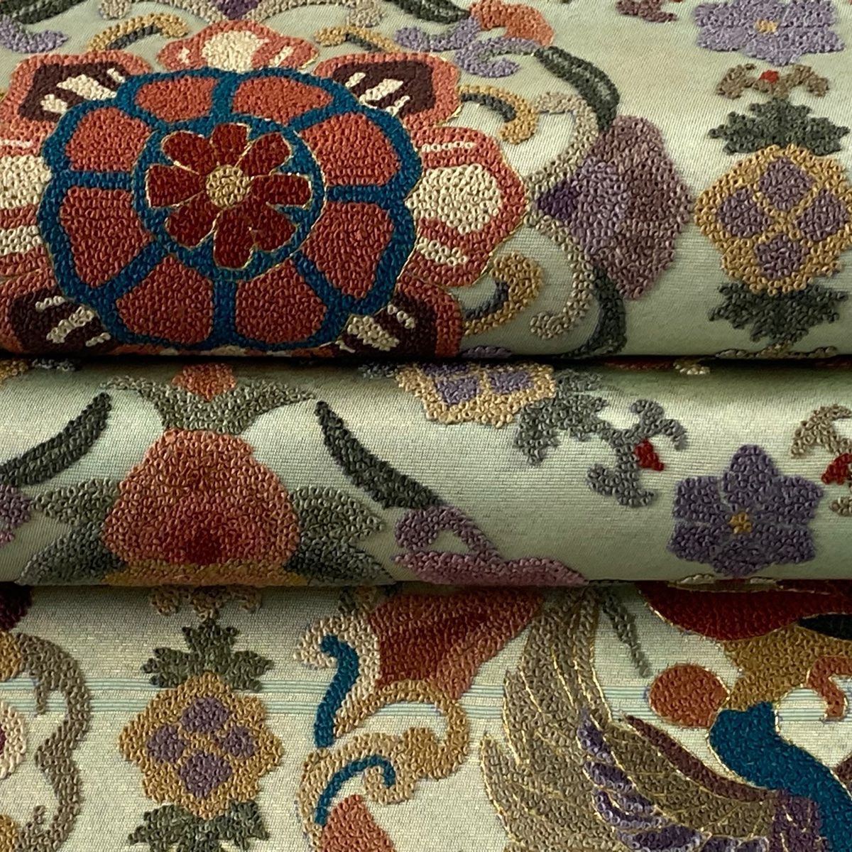相良刺繍 鳳凰 華文 袋帯 正絹 袋帯 美品 逸品 華文 鳳凰 金糸 相良刺繍 薄緑 六通 正絹 【中古