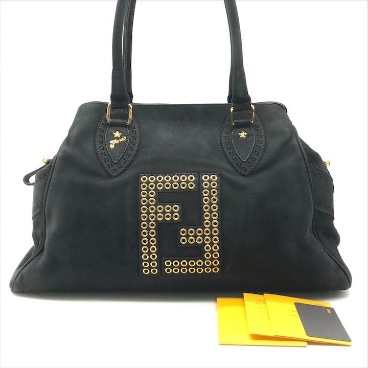 良品 FENDI フェンディ パンチング ロゴ スタッズ エトニコ ヌバック レザー ハンド ボストン バッグ ブラック レディース a6173