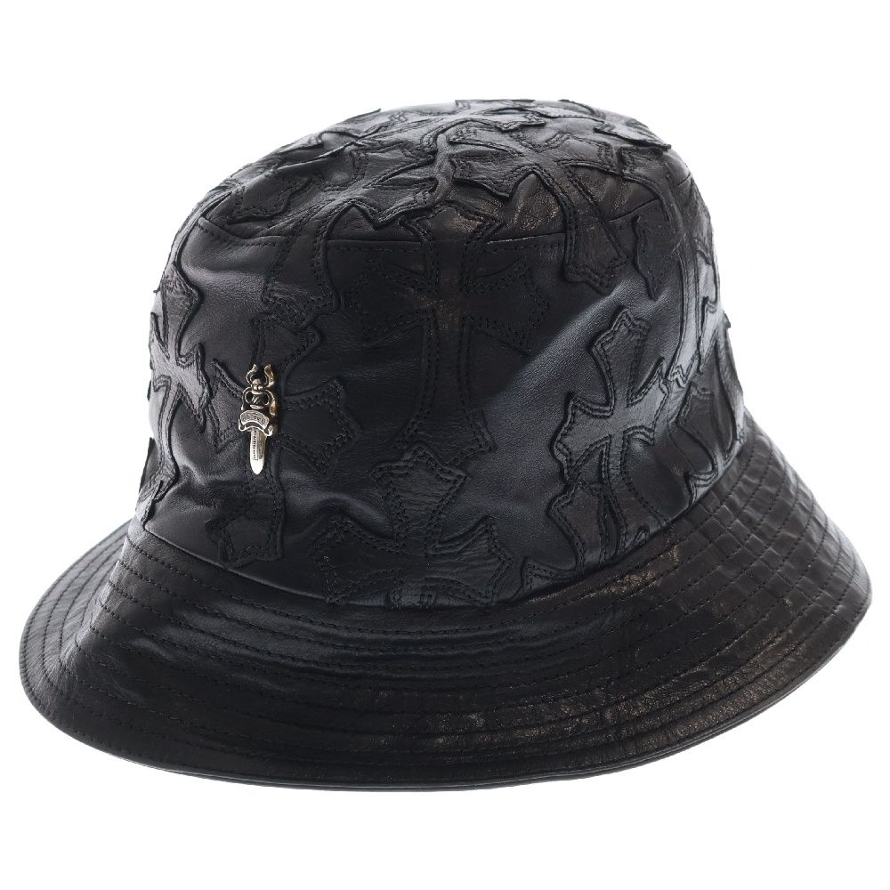 CHROME HEARTS (クロムハーツ) U-CHUM-LTHR セメタリーパッチ ダガー付きレザーバケットハット ブラック