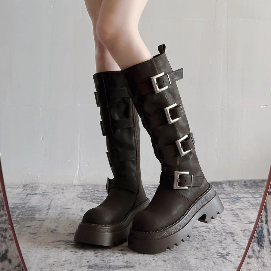 モードエッジベルトロングブーツ デート 買い物 お出かけ 旅行 韓国ファション 秋冬 ブラック ブラウン 黒 茶