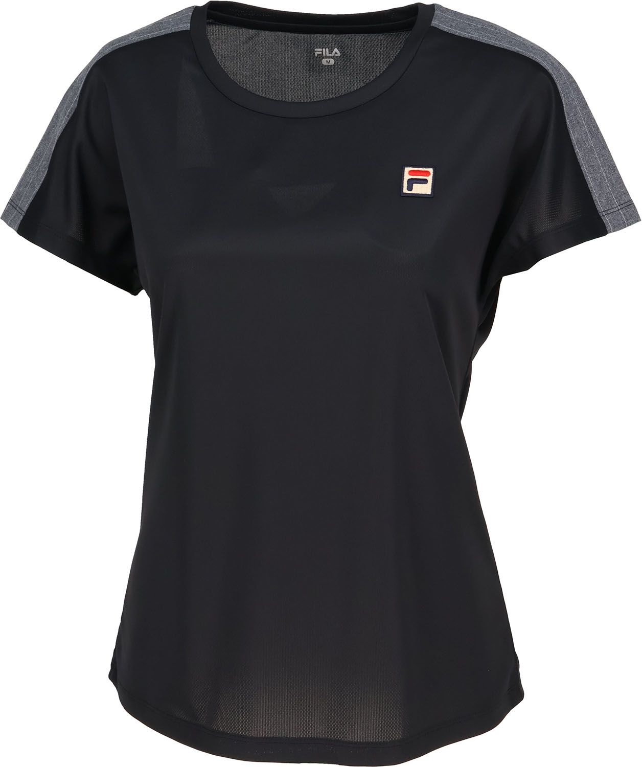 フィラ FILA テニス ゲームシャツ レディース ウィメンズ 女性 大人 半袖 Tシャツ トップス ウェア ロゴ ワンポイント メッシュ ピンストライプ 部活動 クラブ スクール EL0246 08Z ブラック