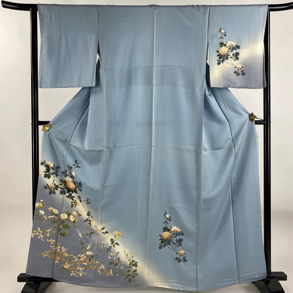 訪問着 身丈162.5cm 裄丈64.5cm M 袷 草花 秋草 金彩 ぼかし 青灰色 正絹 秀品