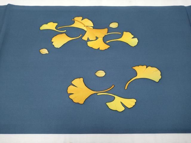 平和屋本店□極上 銀座もとじ 塩瀬 九寸開き名古屋帯 銀杏 鉄御納戸色  