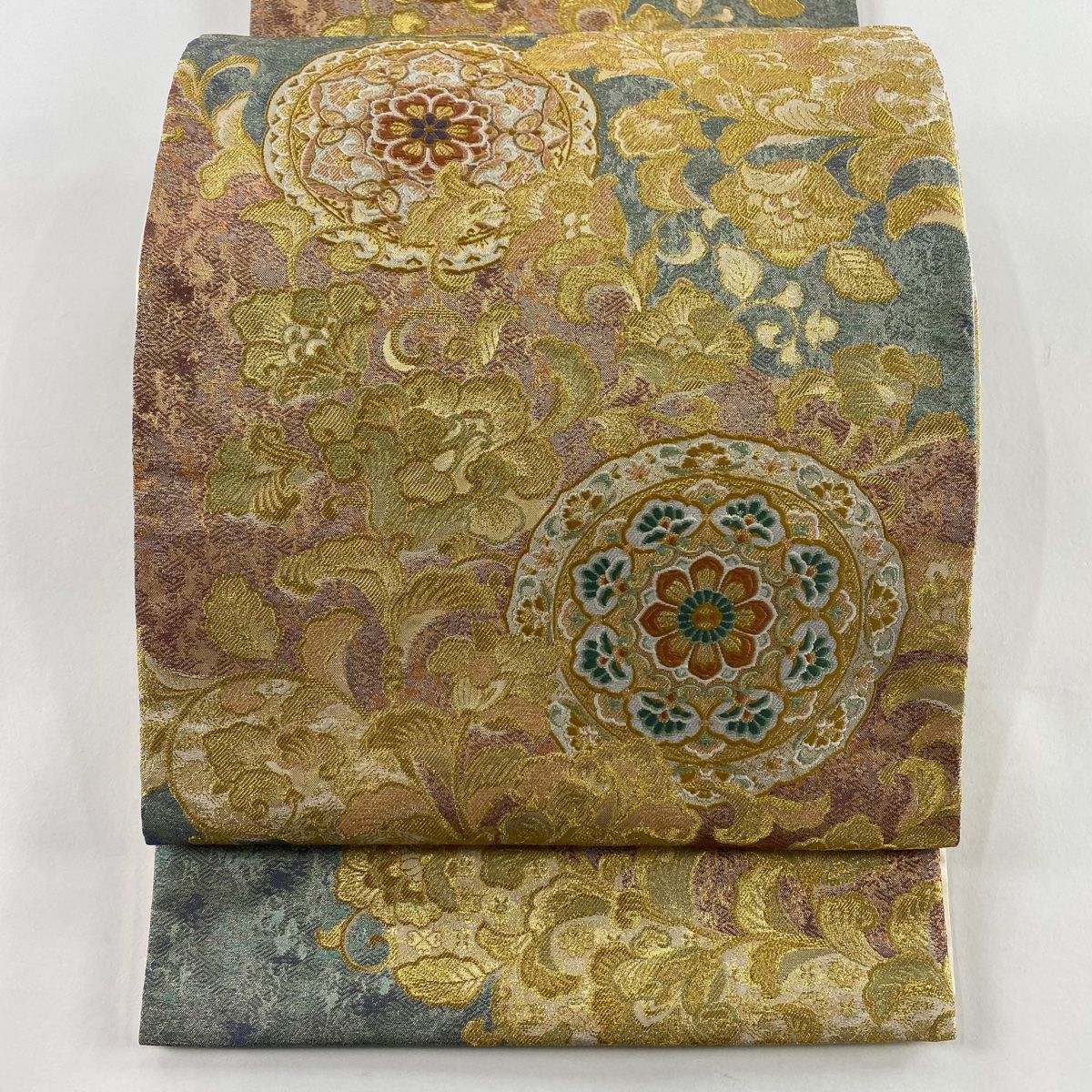 美品】 袋帯 秀品 鈴乃屋 瑞華祥栄文 花唐草 金糸 箔 茶紫 六通 正絹