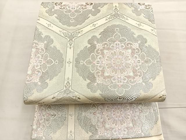 新入荷！！美品 正絹 リサイクル 礼装用袋帯 銀糸 六通織 正倉院扇面亀甲華文様 平和屋着物◎六通柄袋帯 正倉院花文 金銀糸 正絹