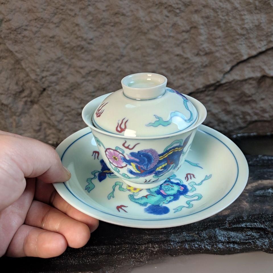 高評価レビュー 茶器 闘彩獅子三才蓋碗 中国茶器 茶道具 新品未使用 煎茶器 工芸品