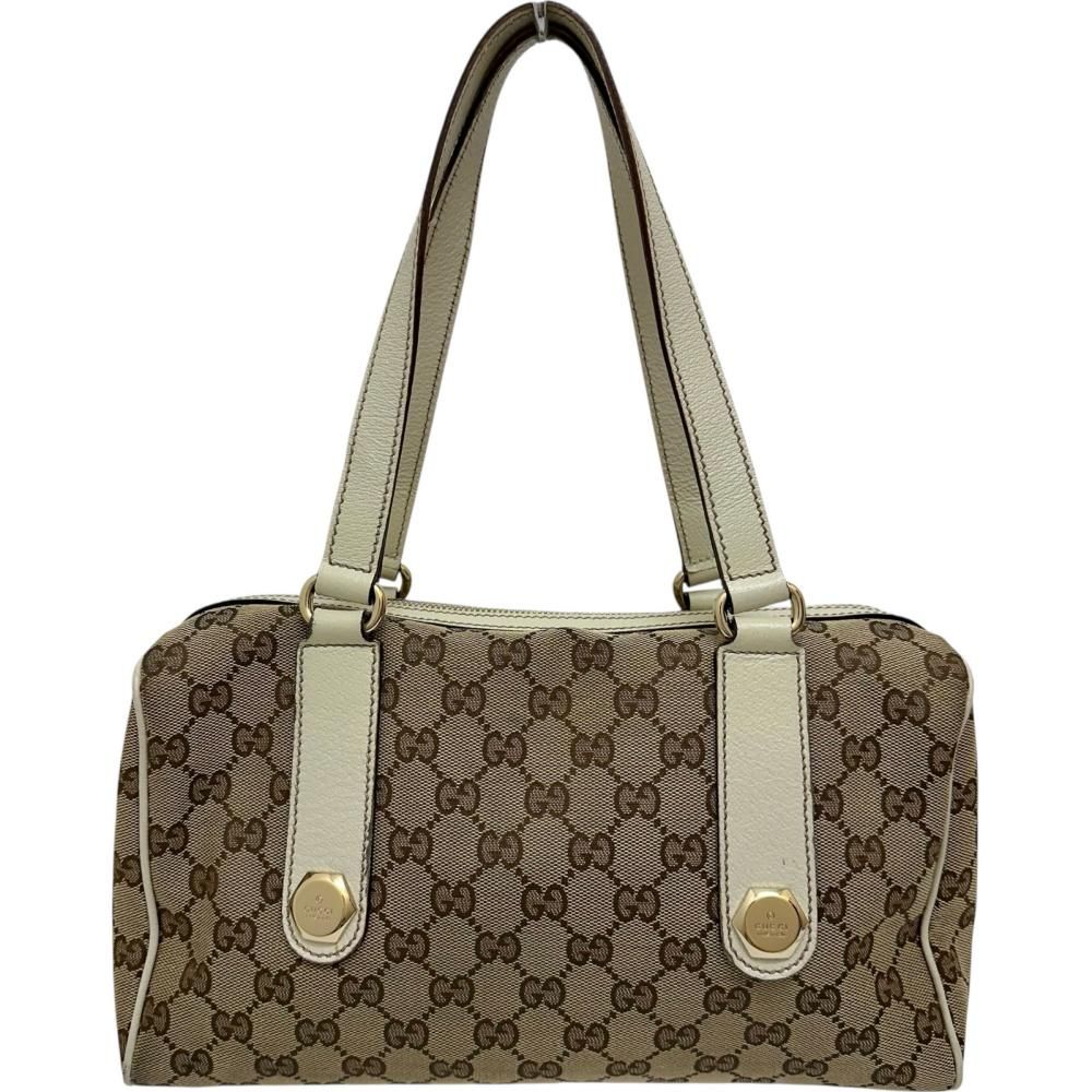 美品✨ グッチ キャンバス ボストンバッグ ベージュ GG レザー 金具付 GUCCI/グッチ】152457 ミニボストン ハンドバッグ GGキャンバス 13691