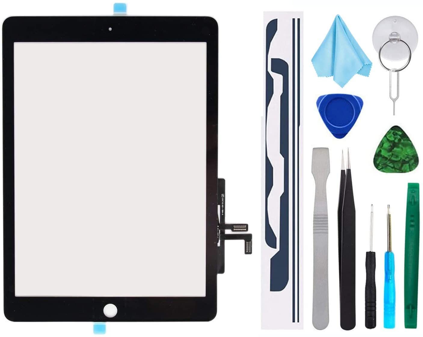 第5世代デジタイザイー2017 5世代 A 1822 交換品Ipad 1823 iPad Air タッチスクリーン 2013 1474 ブラック 1475 1476 TPhaelay 9.7インチプレインストールされた接着剤 ホームボタ