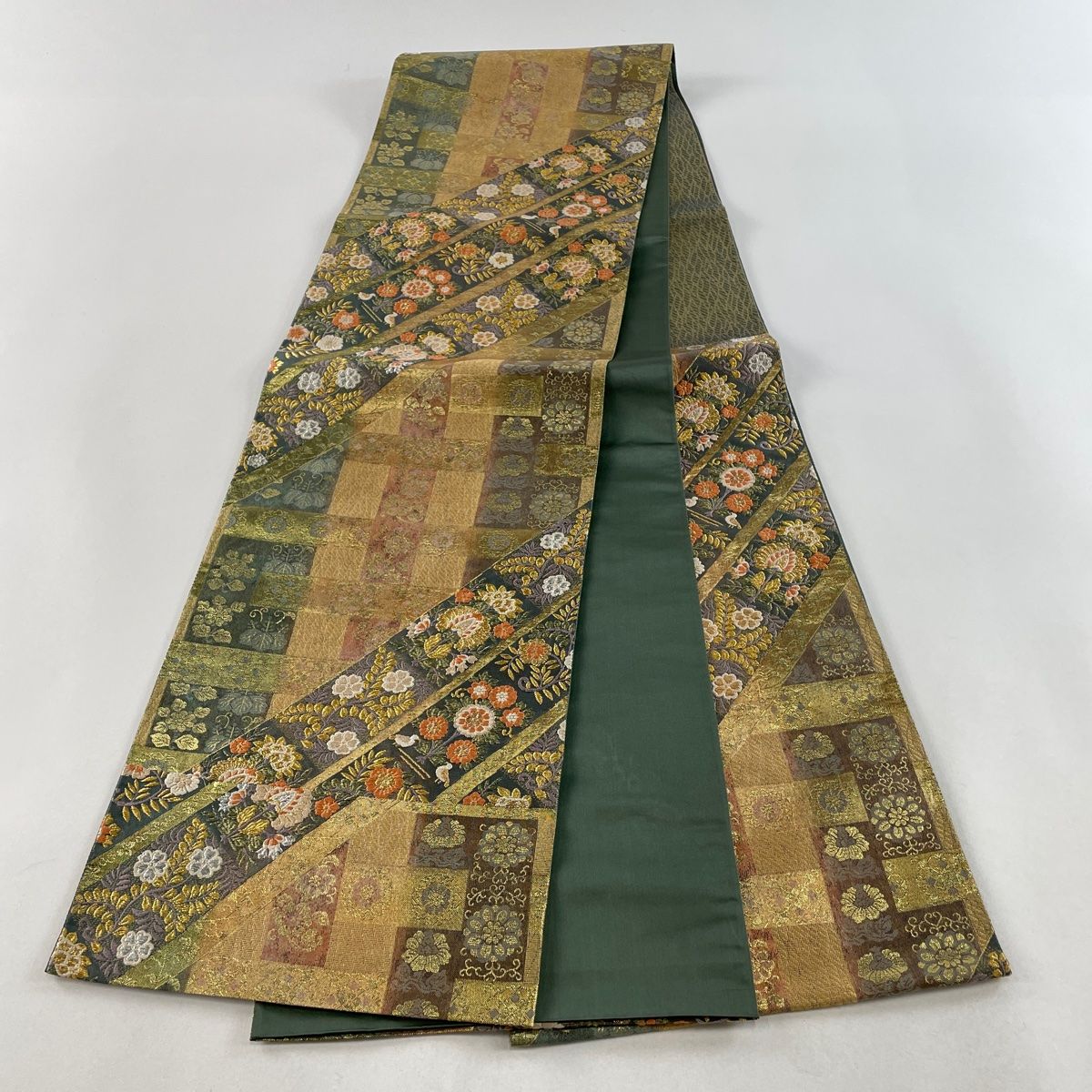 袋帯 秀品 草花 向かい鳥 唐織 金銀糸 金色 六通 正絹 【中古