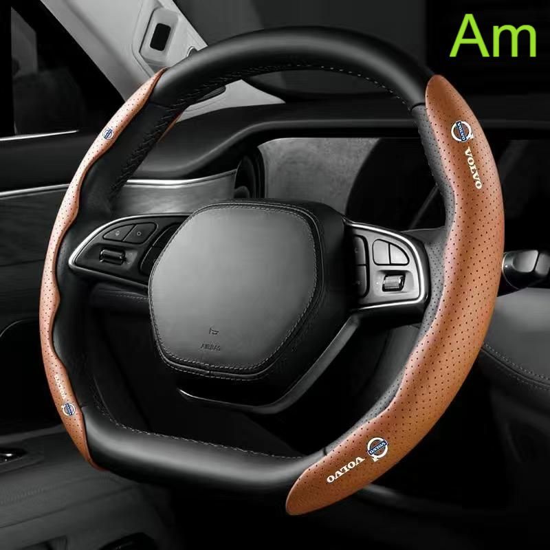 ボルボ VOLVOブラウンハンドルカバー ハンドル保護 専車ロゴ ステアリングカバー レザー 滑り止め D型 O型 分割 タイプ 2本セット aacn qtm