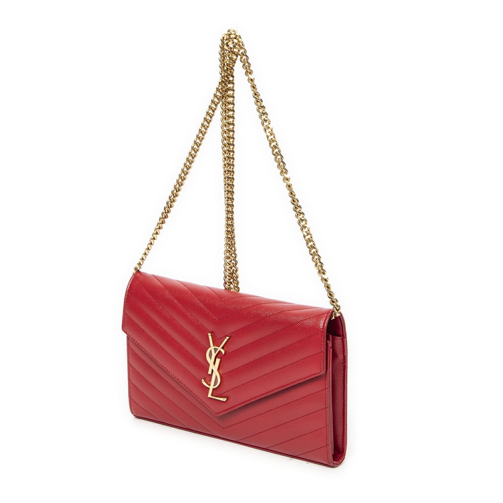YVES SAINT LAURENT イヴサンローランクラシック カッサンドル チェーン ウォレット赤マトラッセ グレイン ドゥ プードル レザーA