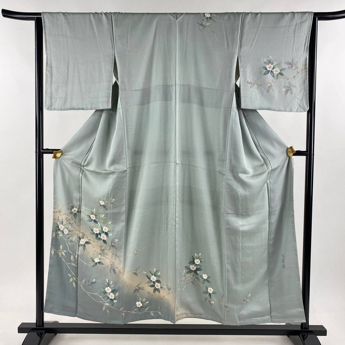 訪問着 身丈154.5cm 裄丈64cm M 袷 枝花 銀彩 ぼかし 青灰色 正絹 秀品