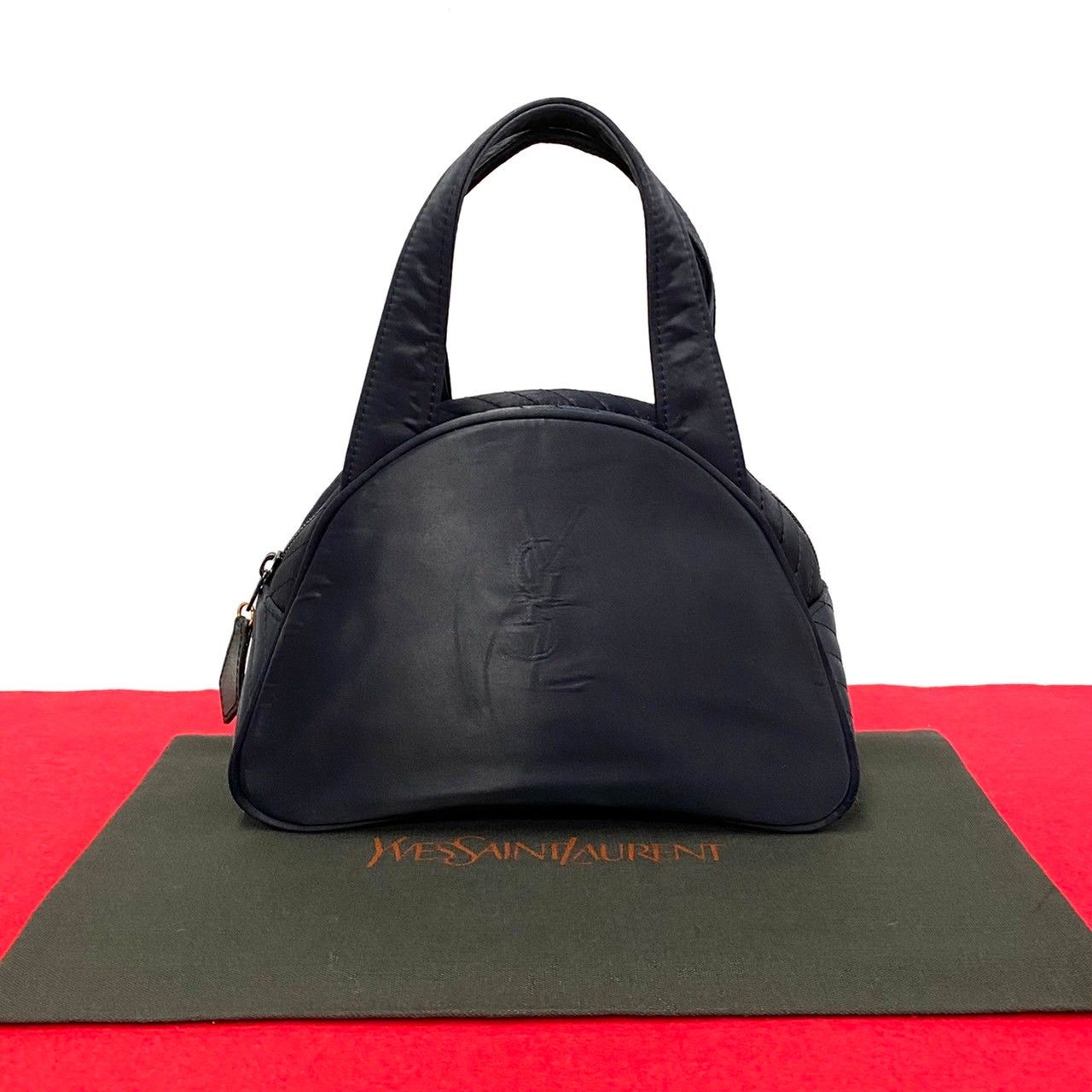 極 美品 希少品 YVES SAINT LAURENT イヴ・サンローラン YSL ロゴ ナイロン ハンドバッグ ミニ トートバッグ ネイビー 紺 29902