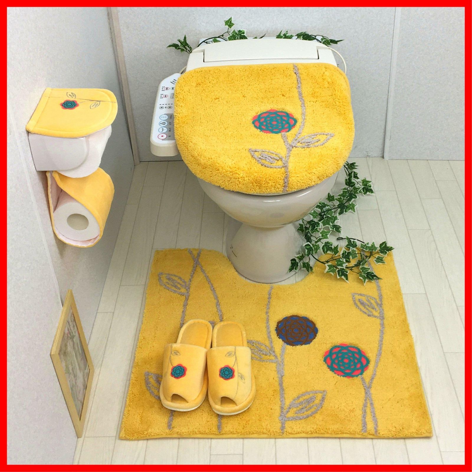 商品 エトフ ４点オカ 黄色 金運 花 トイレマットセット ペーパーホルダーカバー スリッパ ふたカバー 洗浄暖房型 風水 イエロー 北欧 4点 セット トイレマット