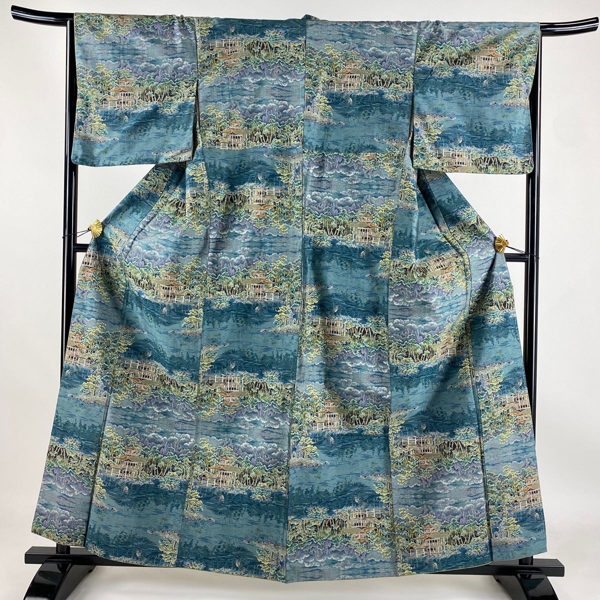 紬 身丈160cm 裄丈64.5cm M 袷 建物 松 青緑 正絹 美品 秀品