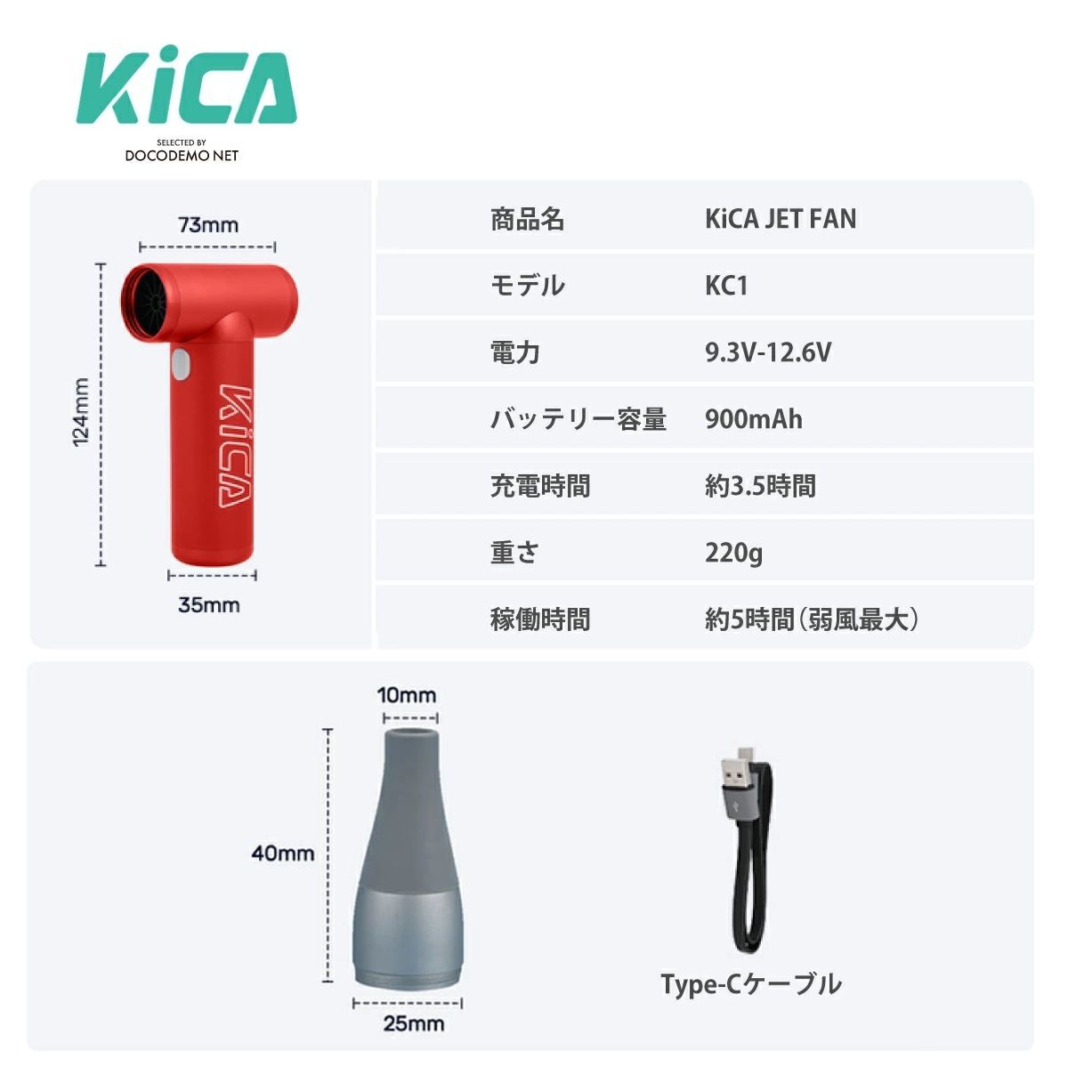 Kica Jet Fan 超強力 エアダスター 電動 充電式 4段階風量調整 