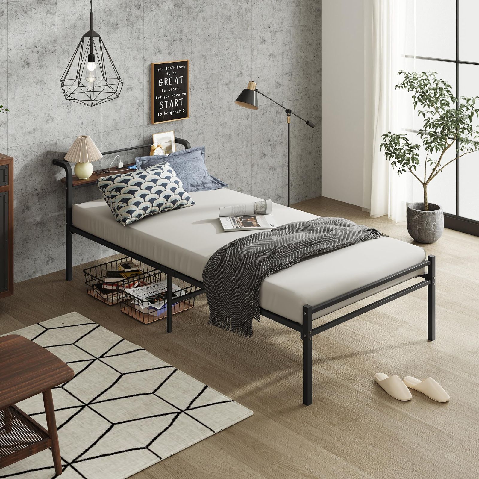 スチールベッドフレーム 組立簡単 高さ30cm 床下収納 棚付き bed 頑丈