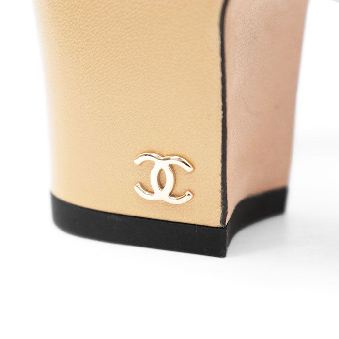 CHANEL シャネル パンプス スリングバック G31318 COCOマーク ロゴ チャーム キャップトゥ バイ ブロックヒール ゴートスキン グログラン シューズ 靴 属 レディース 37C ベージュ ブラック 黒 イタリア製 WWW_OLIVIERBERNSTEIN_COM