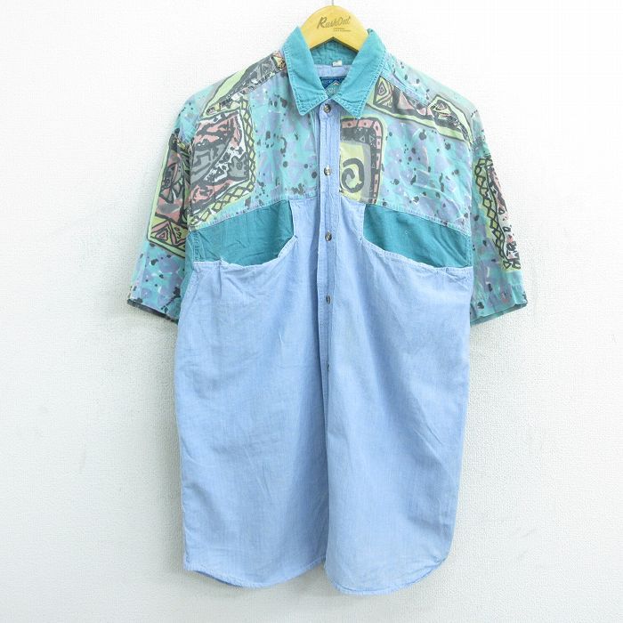 L/古着 半袖 シャツ メンズ 90s コットン 薄紺他 ネイビー spe 22jun13 中古 トップス
