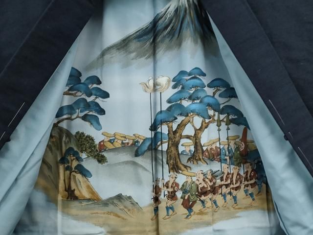 平和屋着物○男性 紬 アンサンブル 色無地 濃紺地 正絹 逸品 未使用