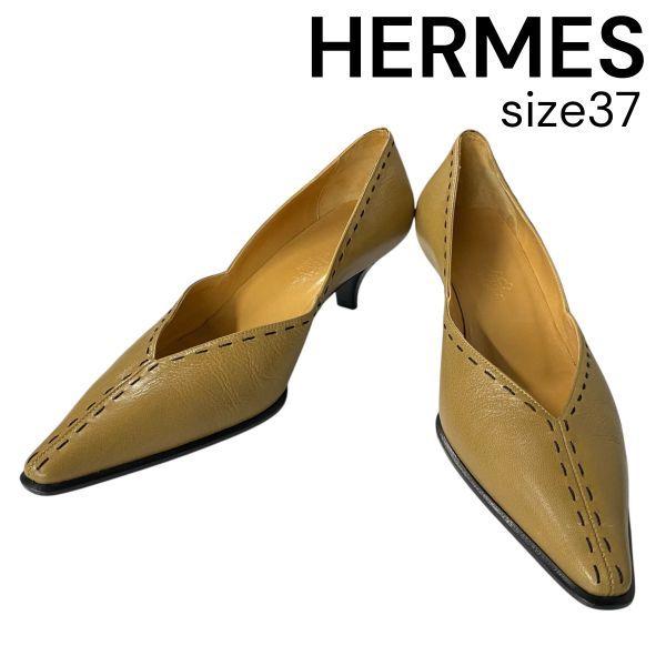● エルメス HERMES パンプス ステッチデザイン ハイヒール ポインテッドトゥ ベージュ レザー 37 23.5cm レディース 5E019