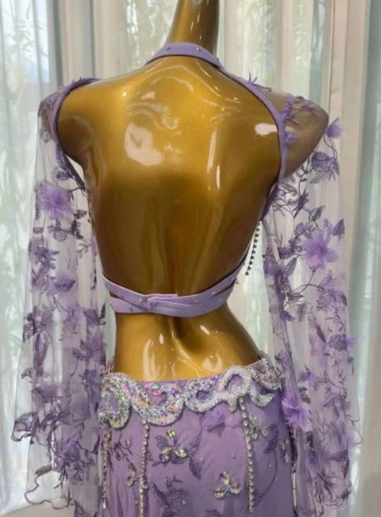 ベリーダンス衣装 トップスブラ スカート 花柄刺繍 パープル オーダー