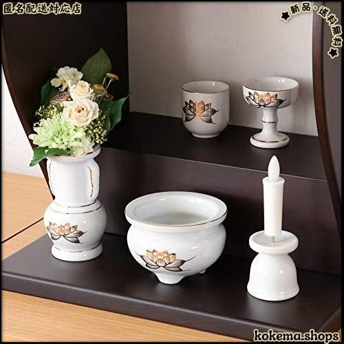 ☆SALE品☆ 仏具5点セット 白磁金蓮 香炉+火立て+花立て+茶器+