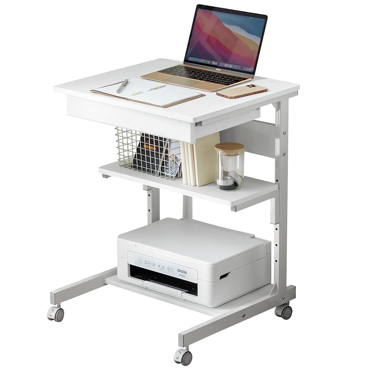 モニターアーム対応 5段階調整棚 ゴムキャスター 引き出し付き 幅55cm ホワイト パソコンラック 100-DESKF037W サンワダイレクト
