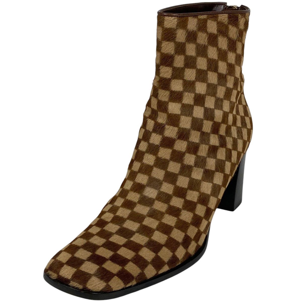 ルイ ヴィトン Louis Vuitton ダミエ ショートブーツ バックジップ アンクルブーツ ハイヒール 靴 ショートブーツ ハラコ レザー ブラウン レディース