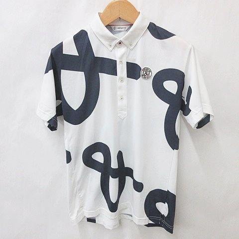 アンパスィ and per se ゴルフ シャツ ポロシャツ ボタンダウン 半袖 総柄 ワッペン 白 紺 ホワイト ネイビー M