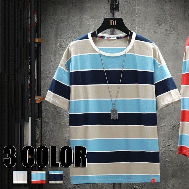 メンズ Tシャツ 夏物 ボーダー 丸首 トップス ゆったり 夏Tシャツ 半袖 メンズ用 Tシャツ 3色#miyabi27346
