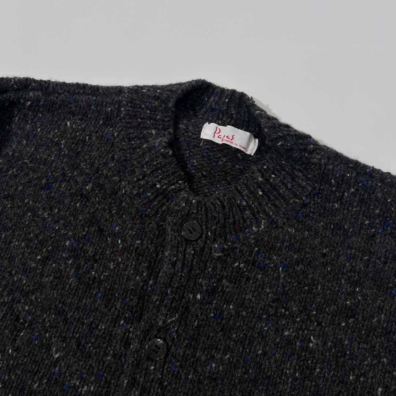 PAPAS パパス ロゴデザイン ノーカラー ネップ ニットジャケット L