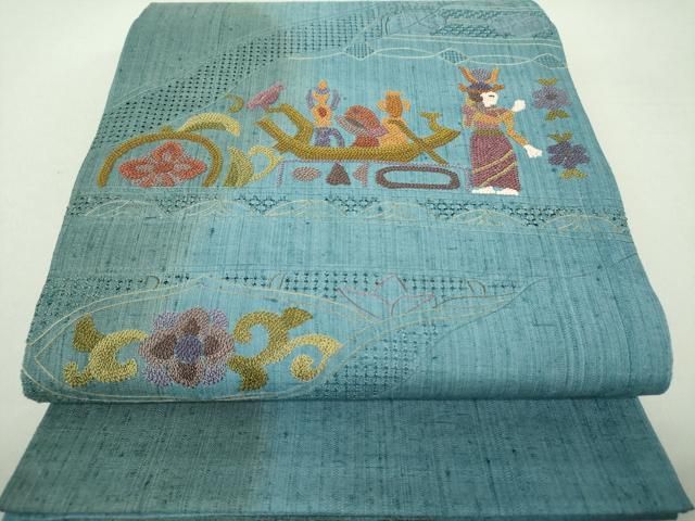 平和屋着物●中国三大刺繍 スワトウ相良刺繍 汕頭相良刺繍 総刺繍 太鼓柄袋帯 紬地 壁画文様 正絹 DAAS3580ps