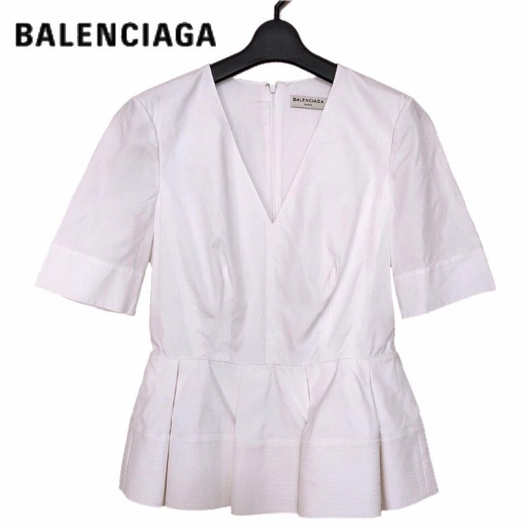 【新品】確実正規品 BALENCIAGA バレンシアガ ペプラム ショート ホワイト Vネック トップス ホワイト 白 レディース 38 Ｍ