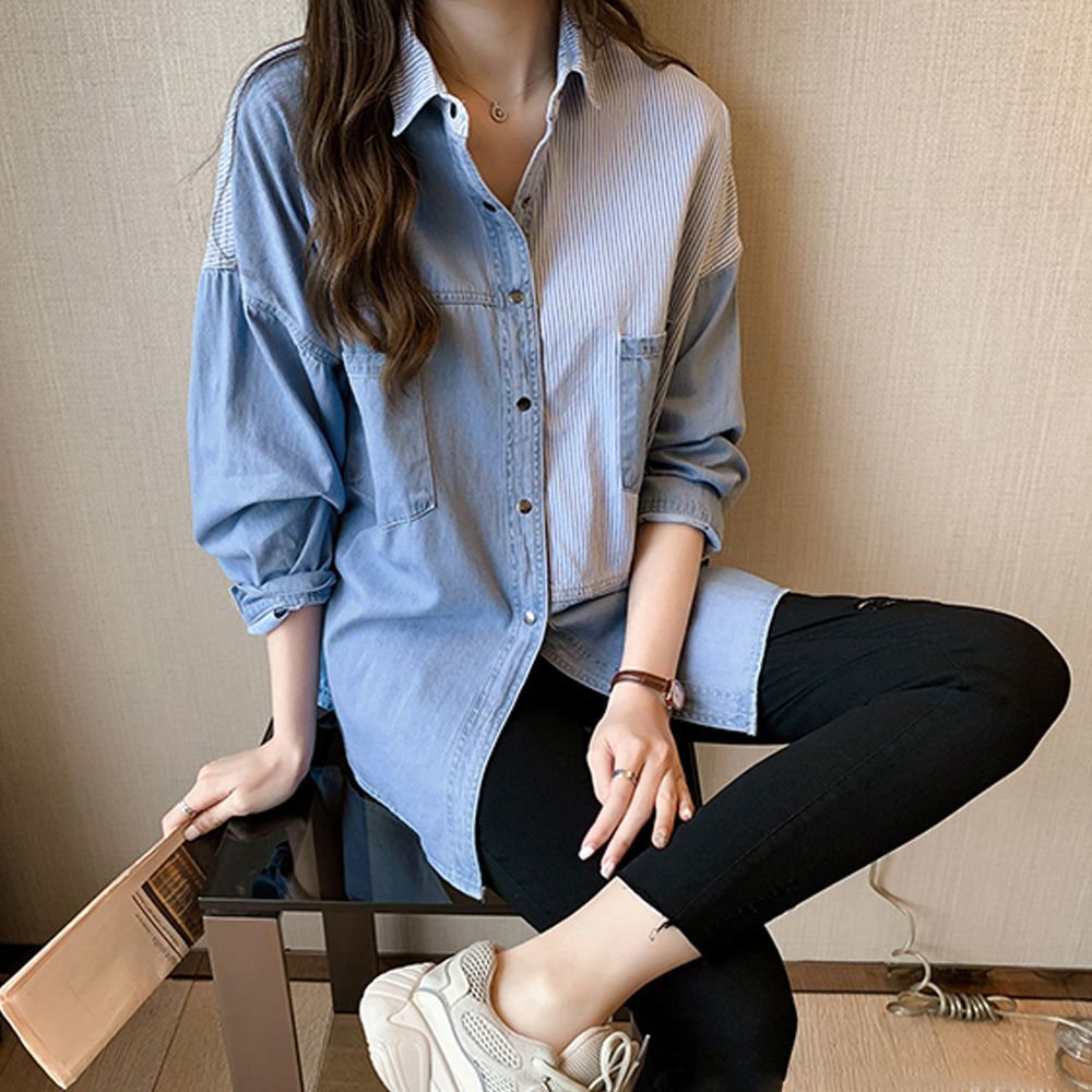 デニム風シャツブラウス レディース 長袖シャツ 春服 切り替え