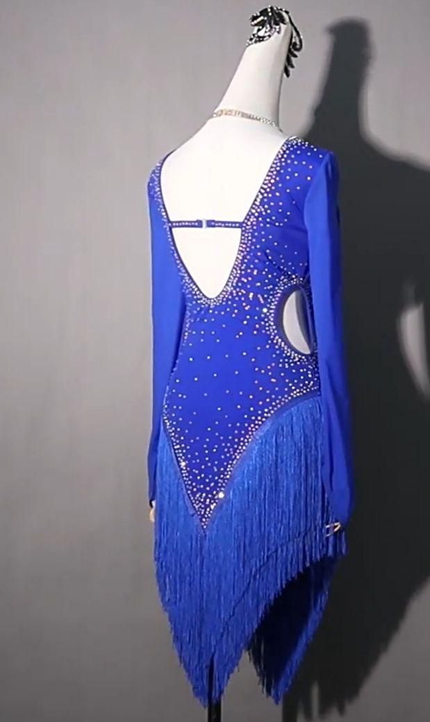 ラテンワンピースドレス 社交ダンス衣装 人気 長袖 ブルー オーダー