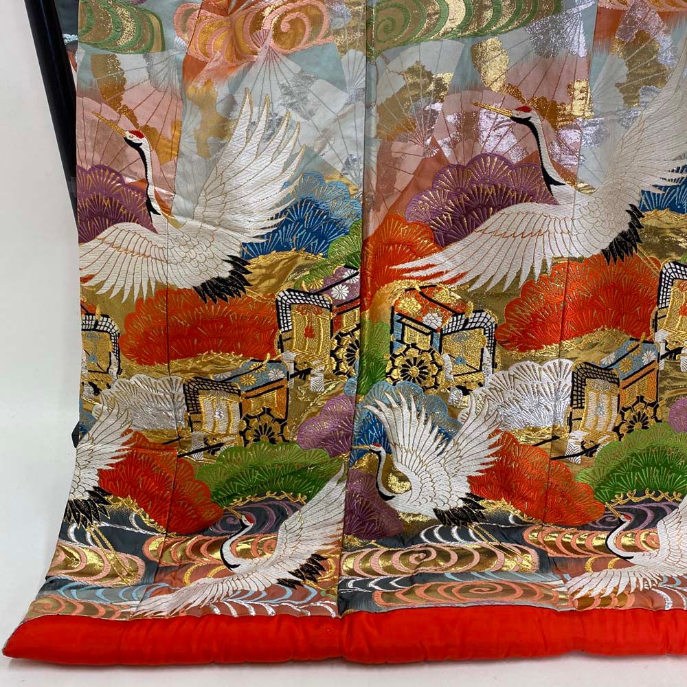 色打掛 正絹 鶴 刺繍 金 赤 青 打掛 Lサイズ 裄67 花嫁