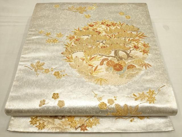 袋帯 乳白色　花唐草　横断　金銀糸　夏用　六通美品 平和屋着物▽六通柄袋帯 草花丸文 金銀糸 正絹 逸品 AAAZ4169wj