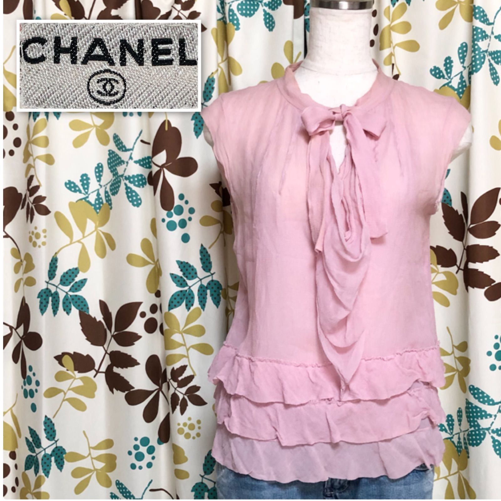 CHANEL シャネル シルク100% ボウタイブラウス フレンチスリーブ 裾 