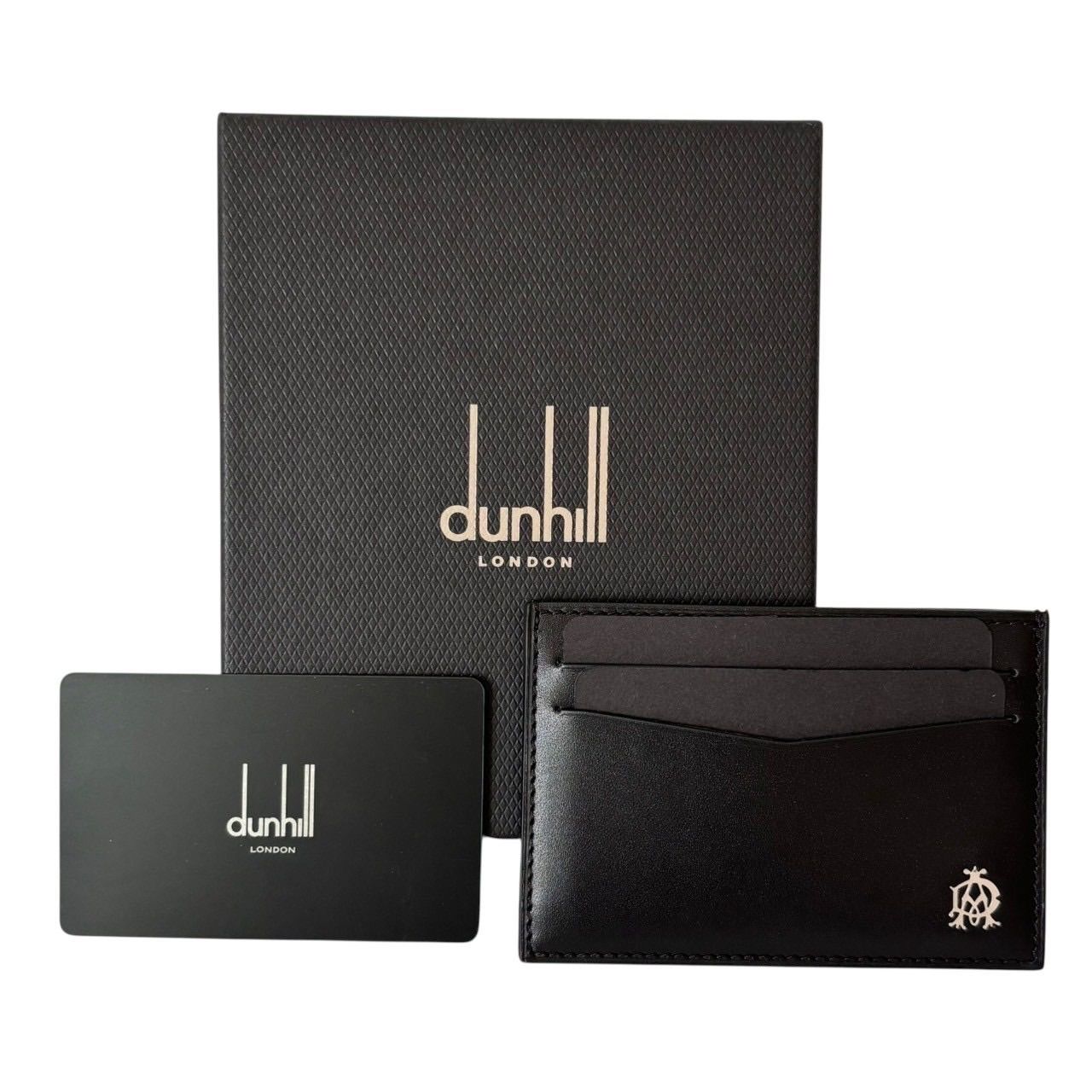 未使用　dunhill LONDON ダンヒル 名刺入れ カードケース レザー ブラック 箱付き ロゴ入り 高級 ビジネス メンズ IM9317 両面カード収納